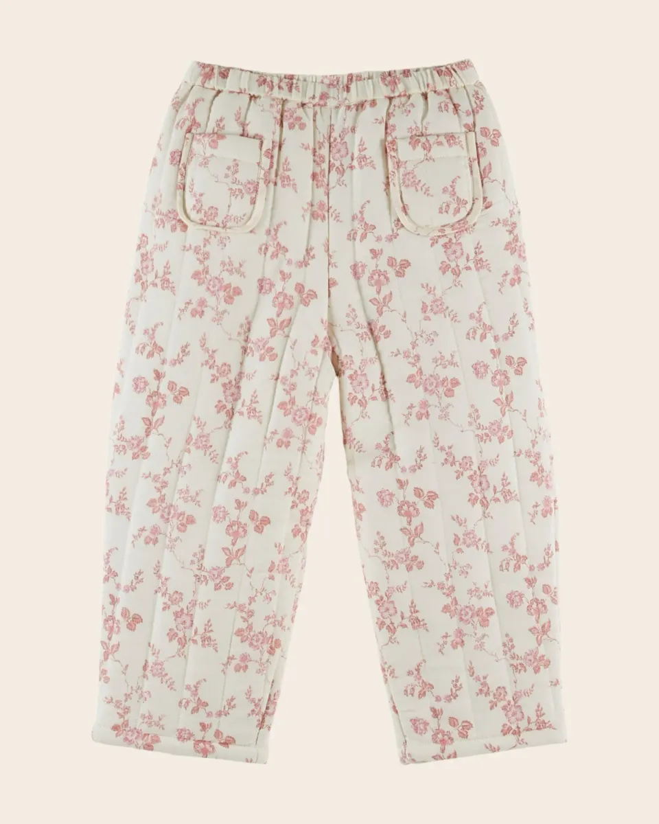 Emile et Ida Rosalie quiltede bukser ecru med rosa blomster
