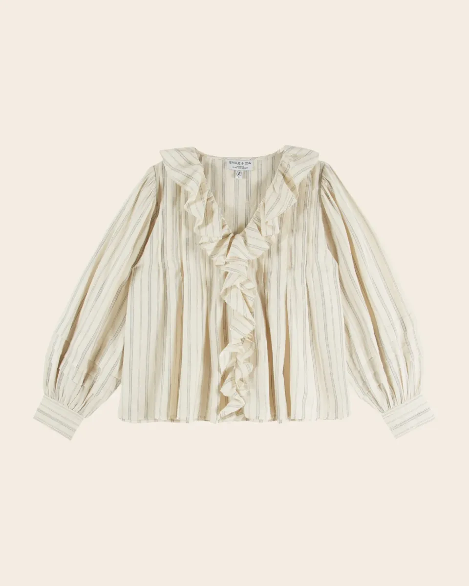 Emile et Ida Nise bluse ecru stribet khadi volant