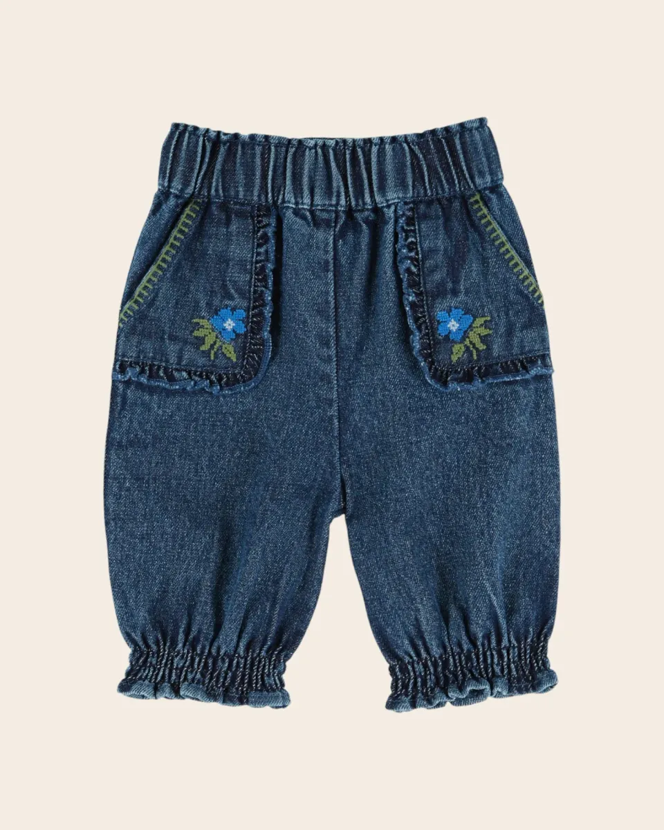 Emile et Ida Brodé Denim babybukser mørkeblå blomsterbroderi