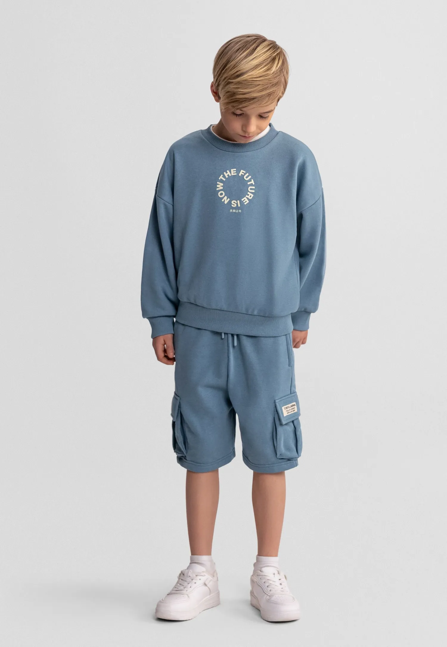 Minoti 44789 sæt blågrå drenge sweatshirt shorts