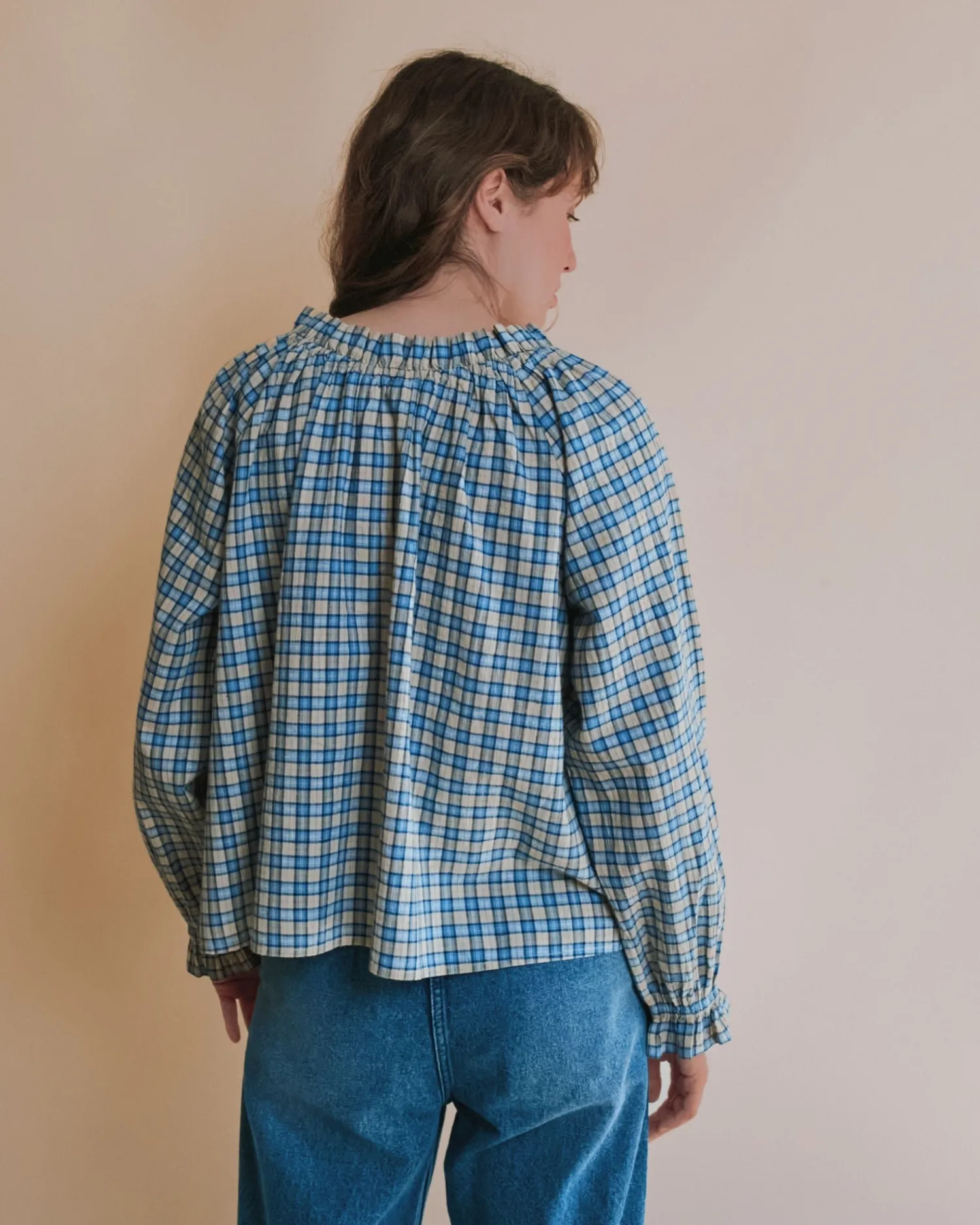 Emile et Ida Elvina bluse oversize blå ternet bomuld