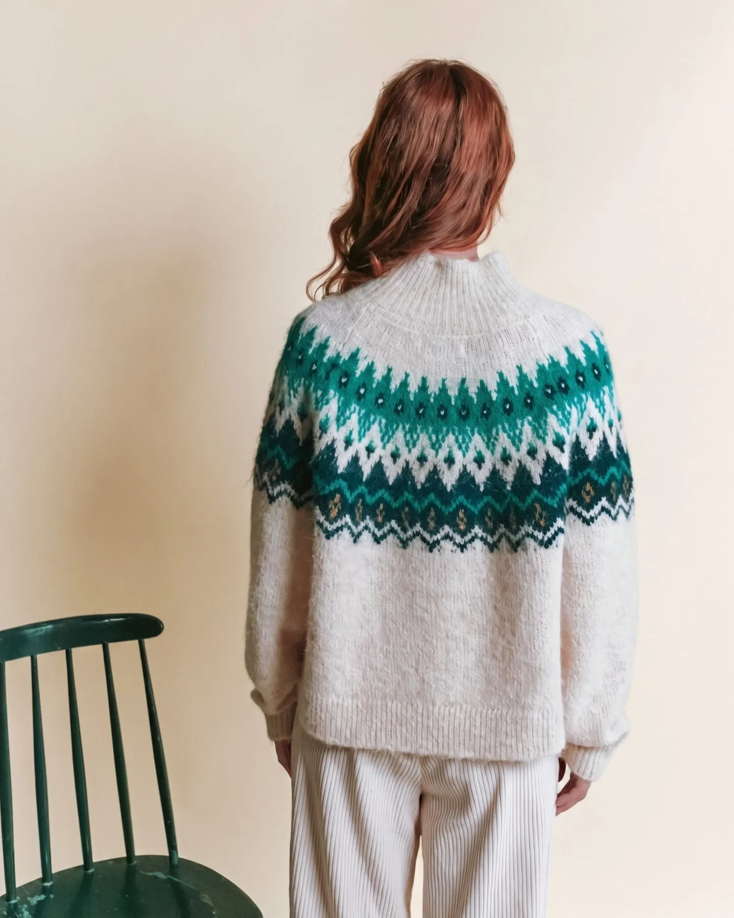Emile et Ida Jacquard pullover ecru grøn uld