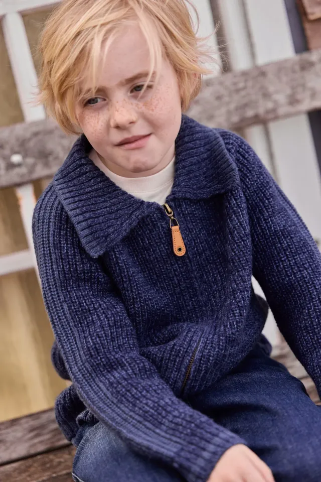 Bonton Pimpon Blue cardigan blå uld lynlås