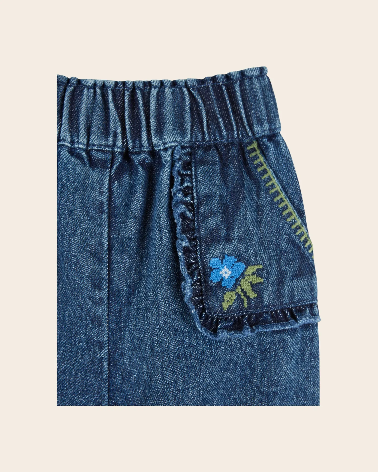 Emile et Ida Brodé Denim babybukser mørkeblå blomsterbroderi