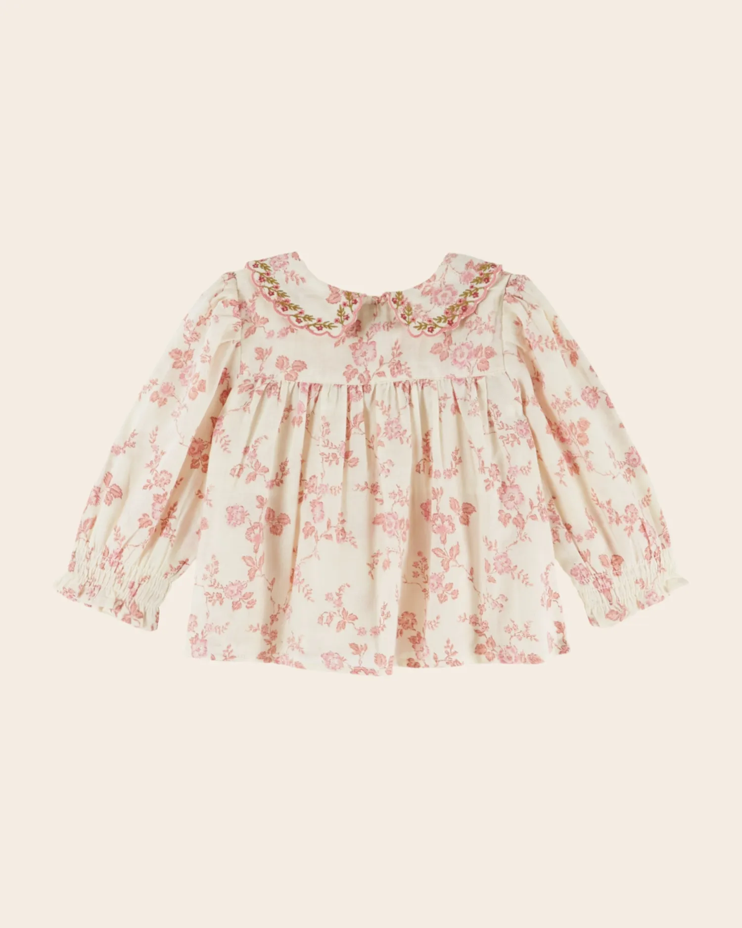 Emile et Ida Smockée bluse ecru rosa blomster pige