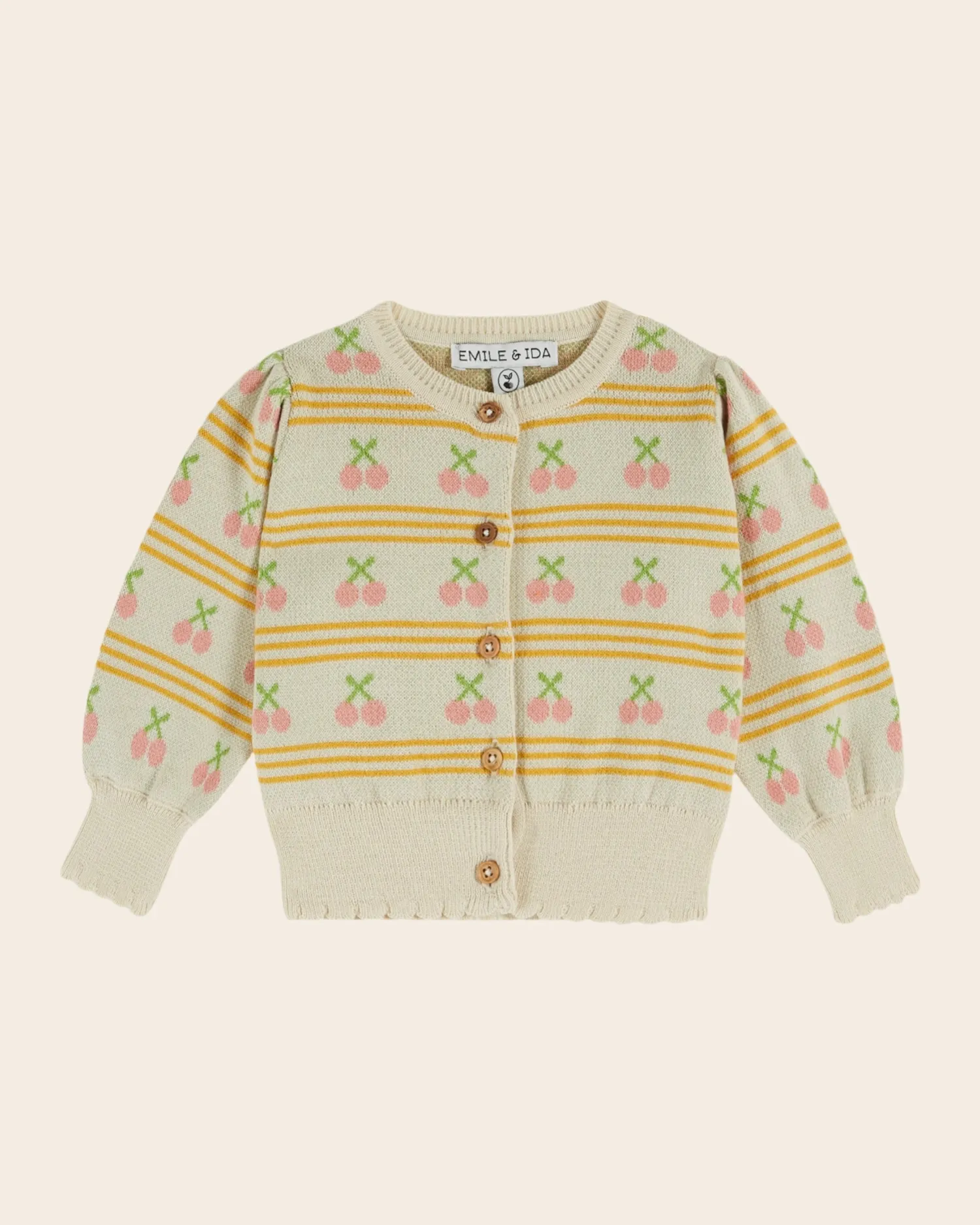 Emile et Ida Jacquard cerises cardigan beige økologisk bomuld
