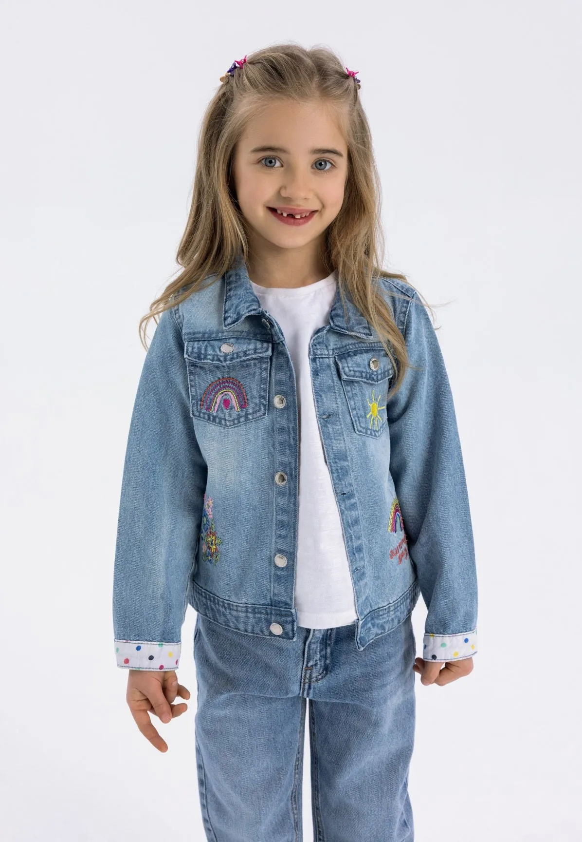 Minoti 42699 jeansjakke lyseblå broderi til piger