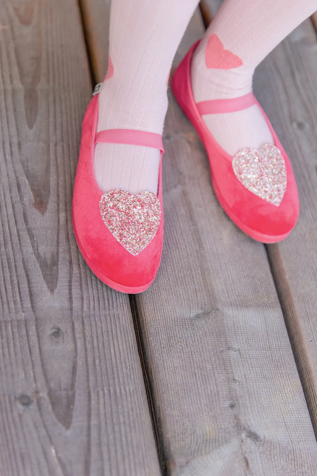 Bonton Sarra ballerina velour rosa glimmerhjerte