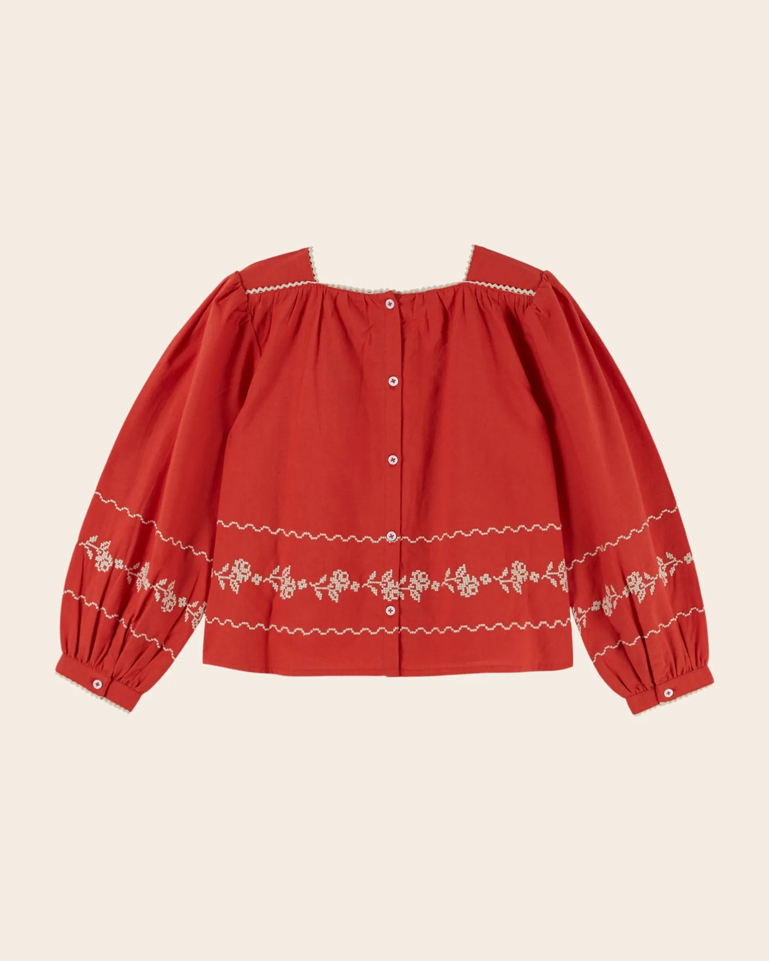 Emile et Ida Col Carré pigebluse rød broderi bomuld