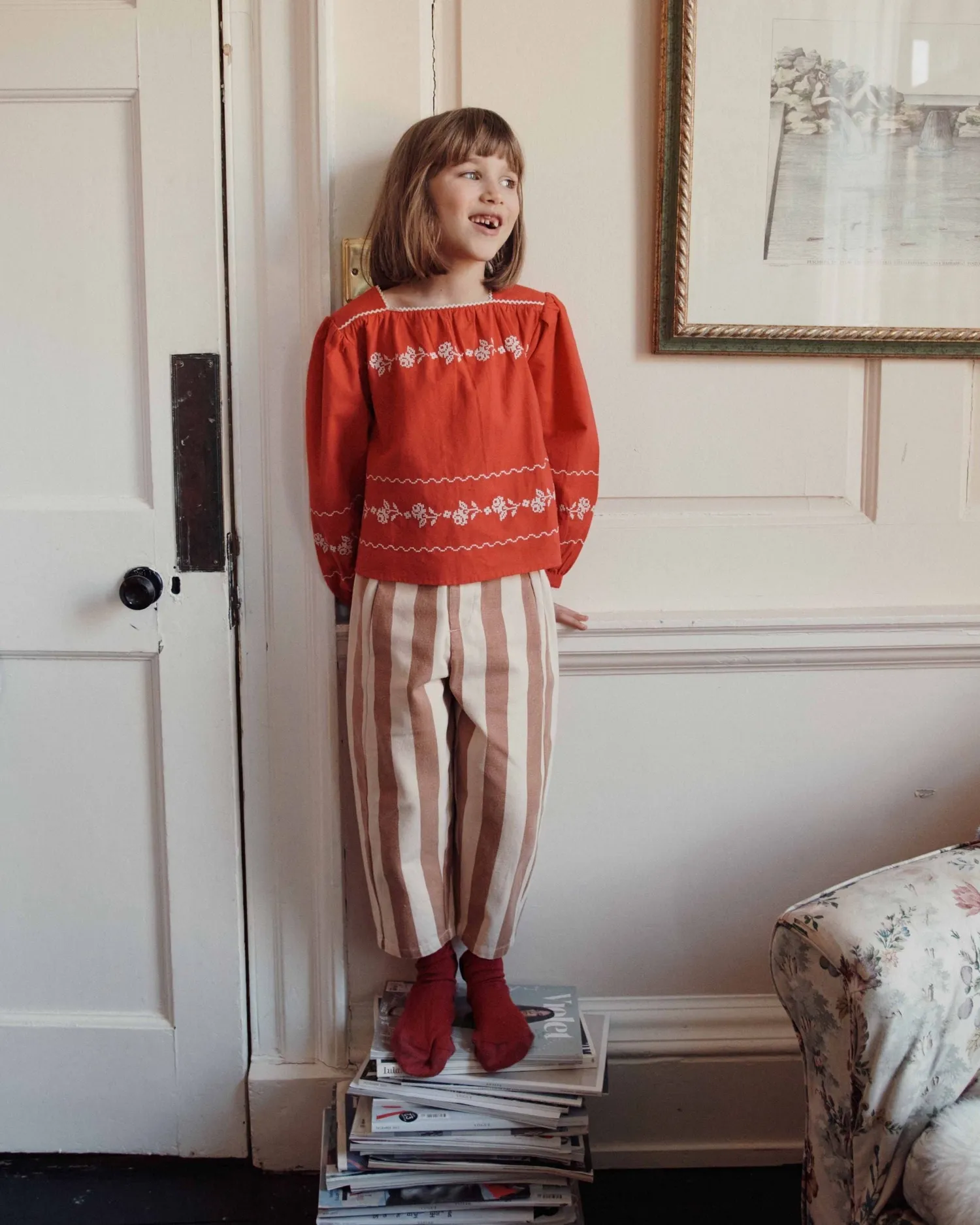 Emile et Ida Col Carré pigebluse rød broderi bomuld