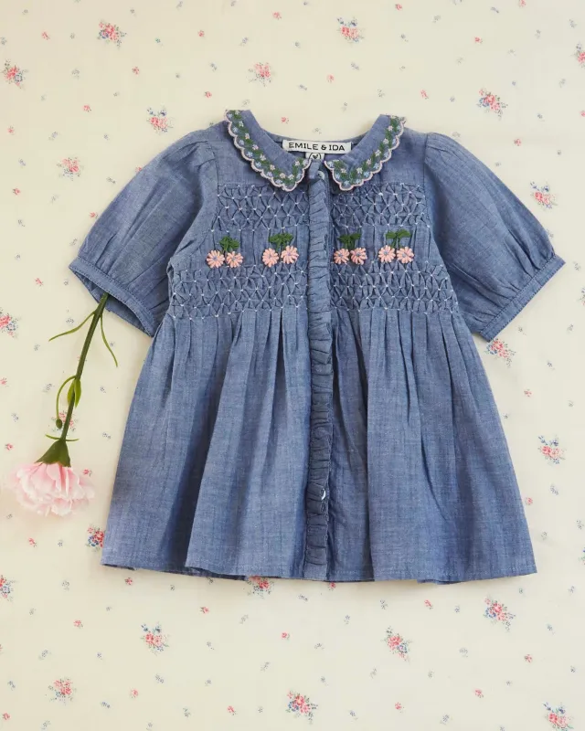 Emile et Ida Brodé smocké chambray kjole blå bomuld