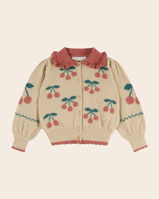 Emile et Ida Cerise cardigan beige med kirsebær alpaka