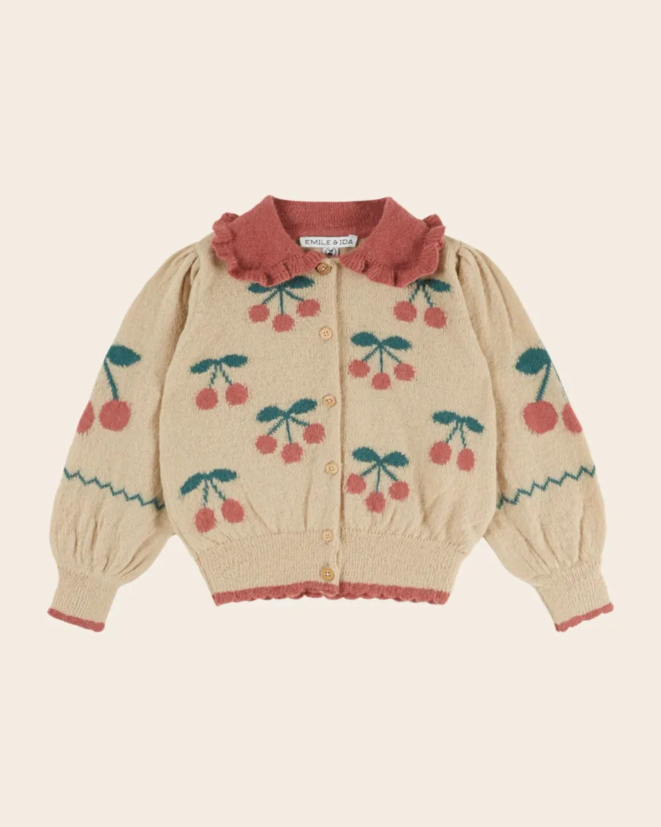Emile et Ida Cerise cardigan beige med kirsebær alpaka