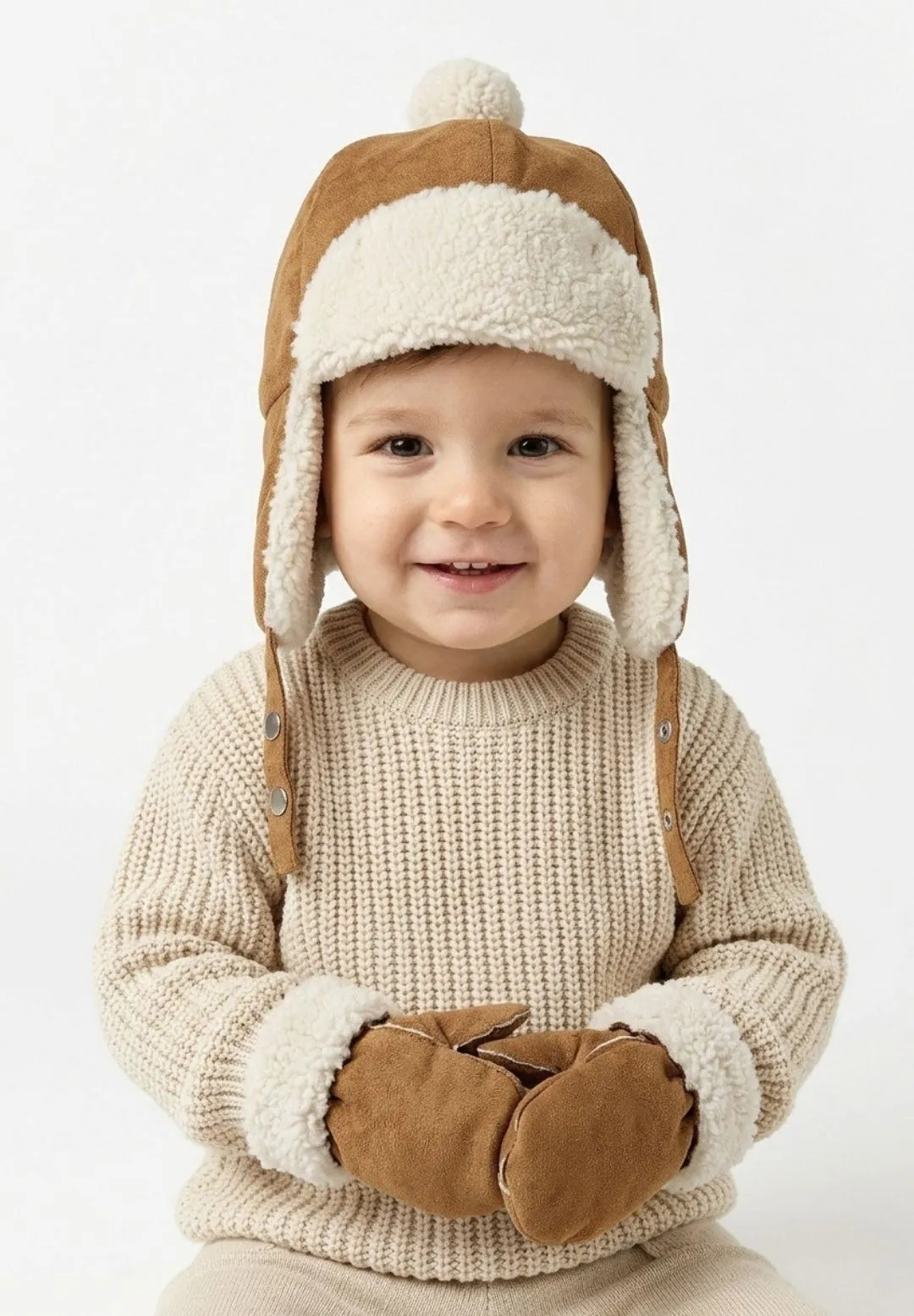 Minoti 45893 flyverhue sæt strik beige vanter