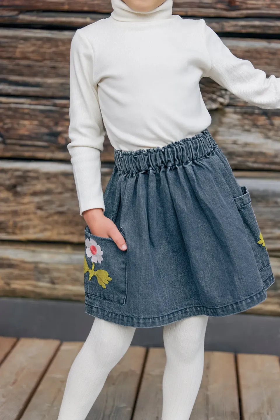 Bonton Mochi nederdel denim grå elastik blomst