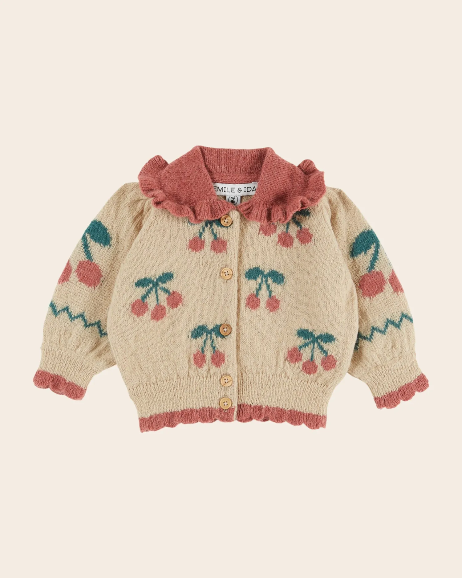 Emile et Ida Cerise cardigan beige med kirsebær alpaka