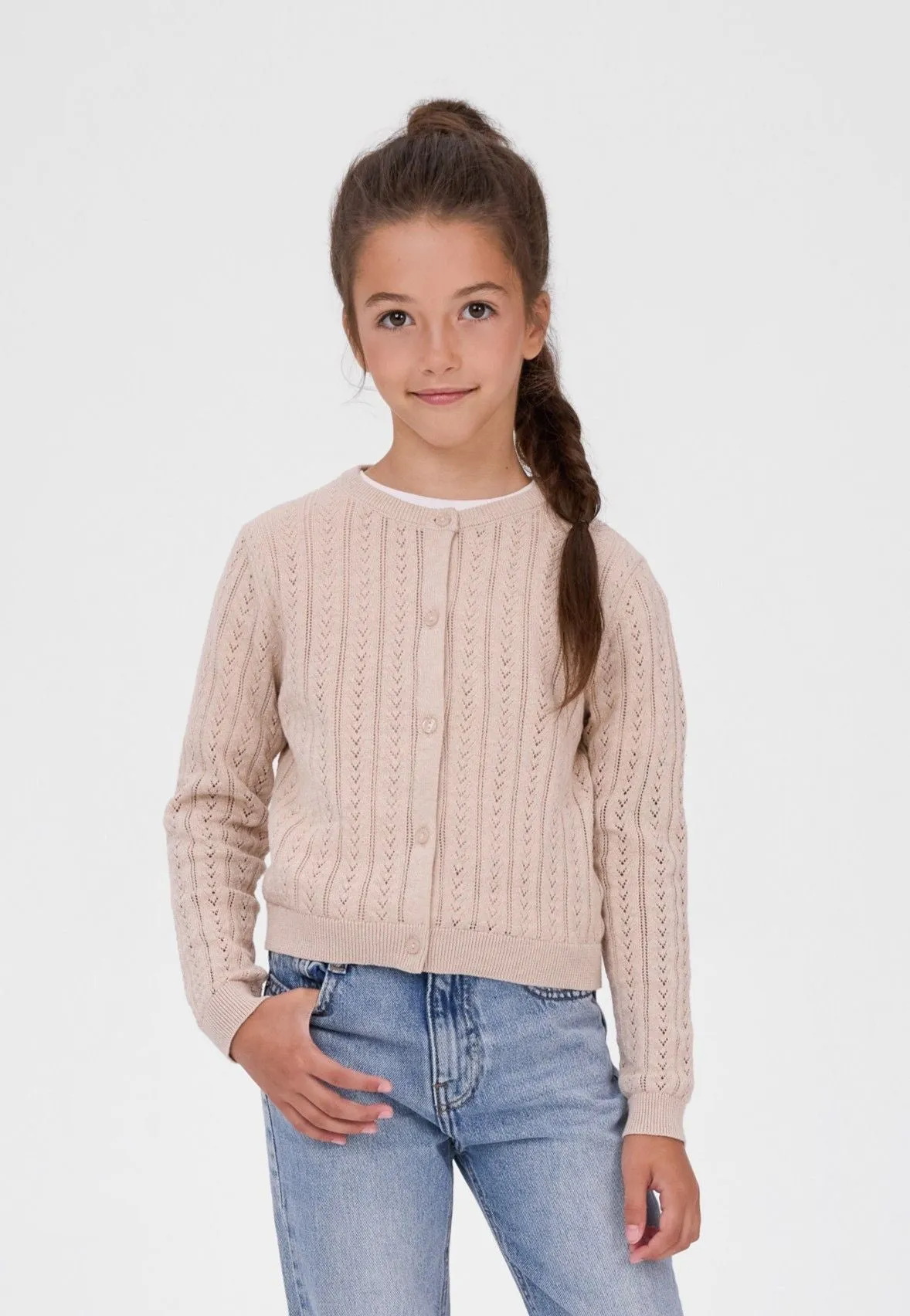 Minoti 45692 strikjakke beige 104 hulmønster