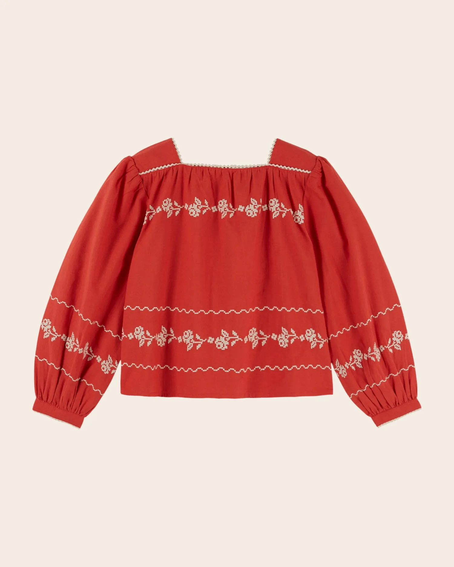 Emile et Ida Col Carré pigebluse rød broderi bomuld