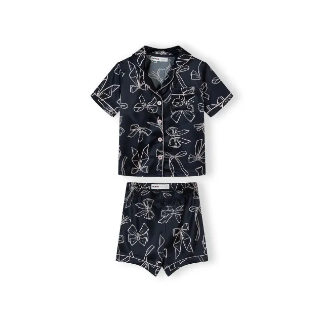 Minoti 44910 pyjamas mørkeblå satin med sløjfer