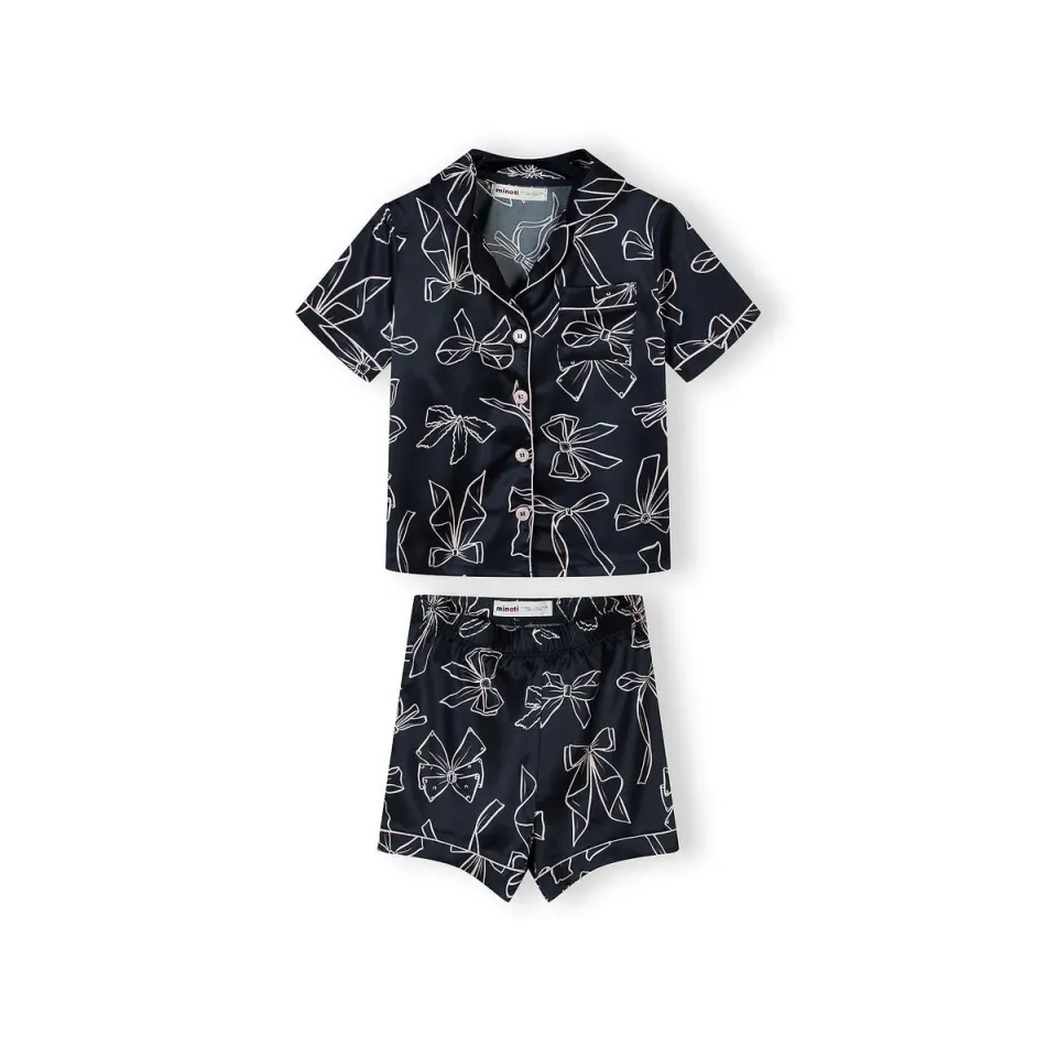 Minoti 44910 pyjamas mørkeblå satin med sløjfer