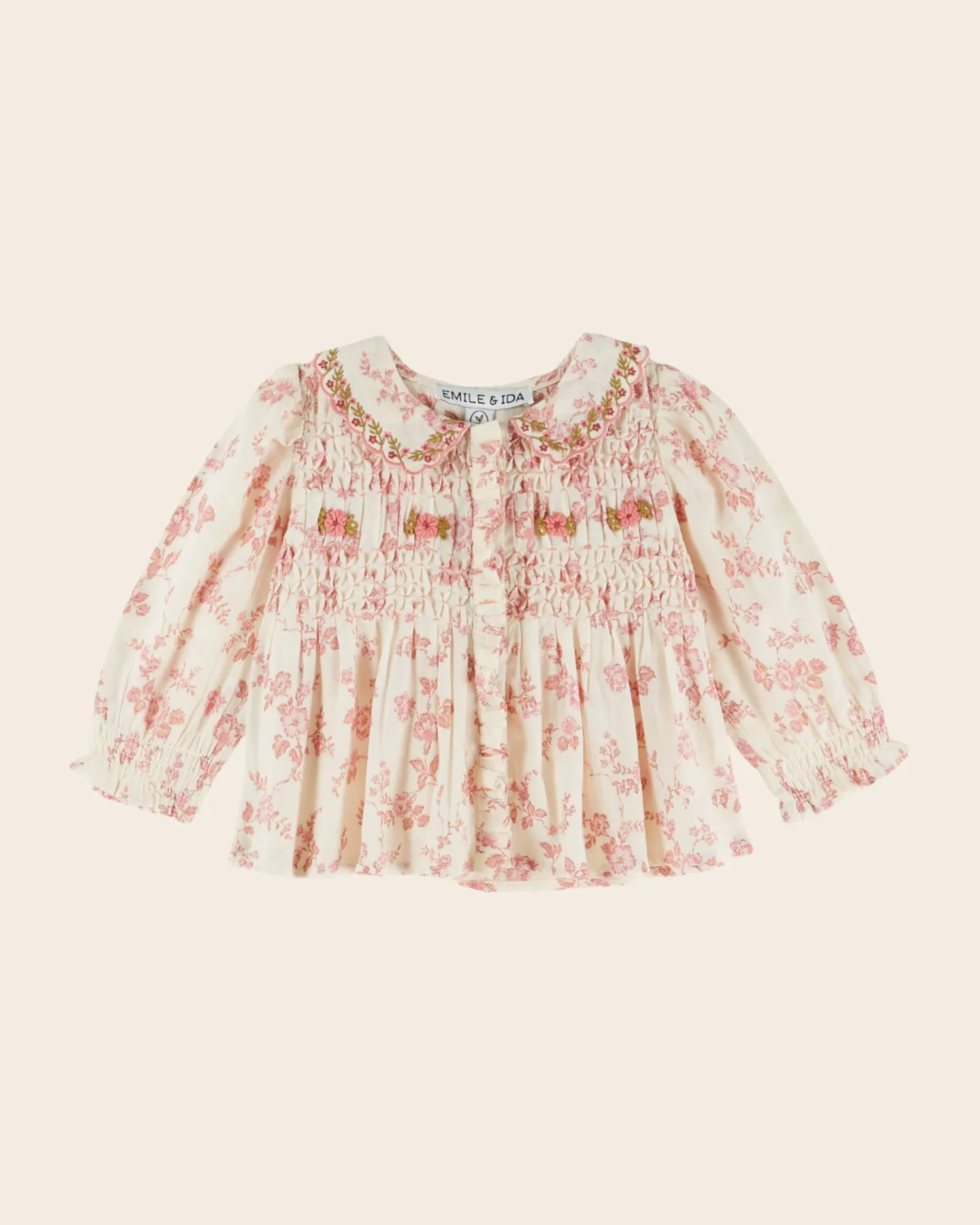 Emile et Ida Smockée bluse ecru rosa blomster pige