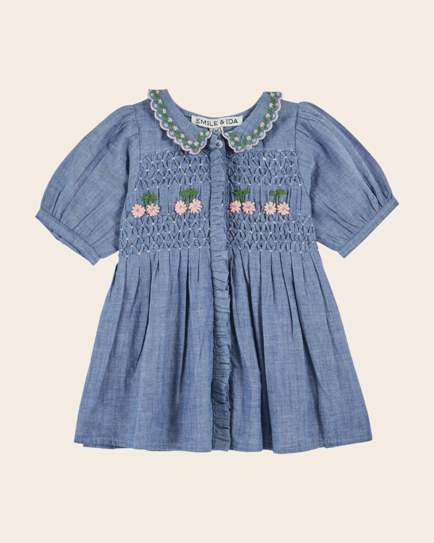 Emile et Ida Brodé smocké chambray kjole blå bomuld