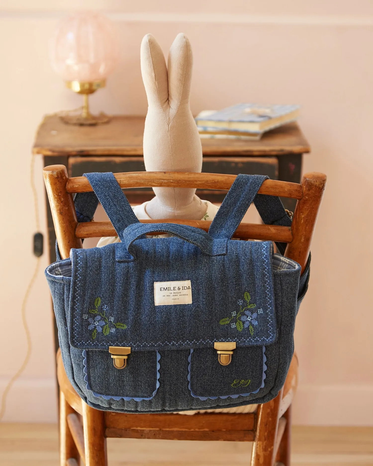 Emile et Ida skoletaske denim blå quiltet blomst