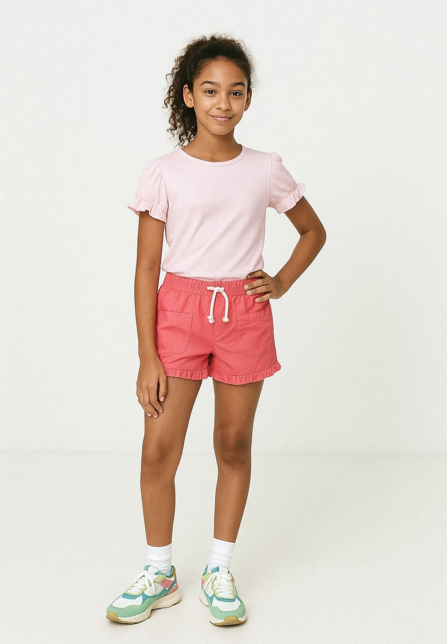 Minoti 38841 shorts til piger rosa melange flæse