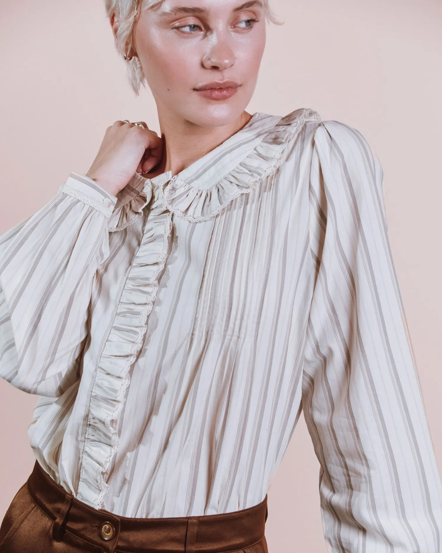 Emile et Ida Plissée Rayures Beige bluse beige stribet bomuld