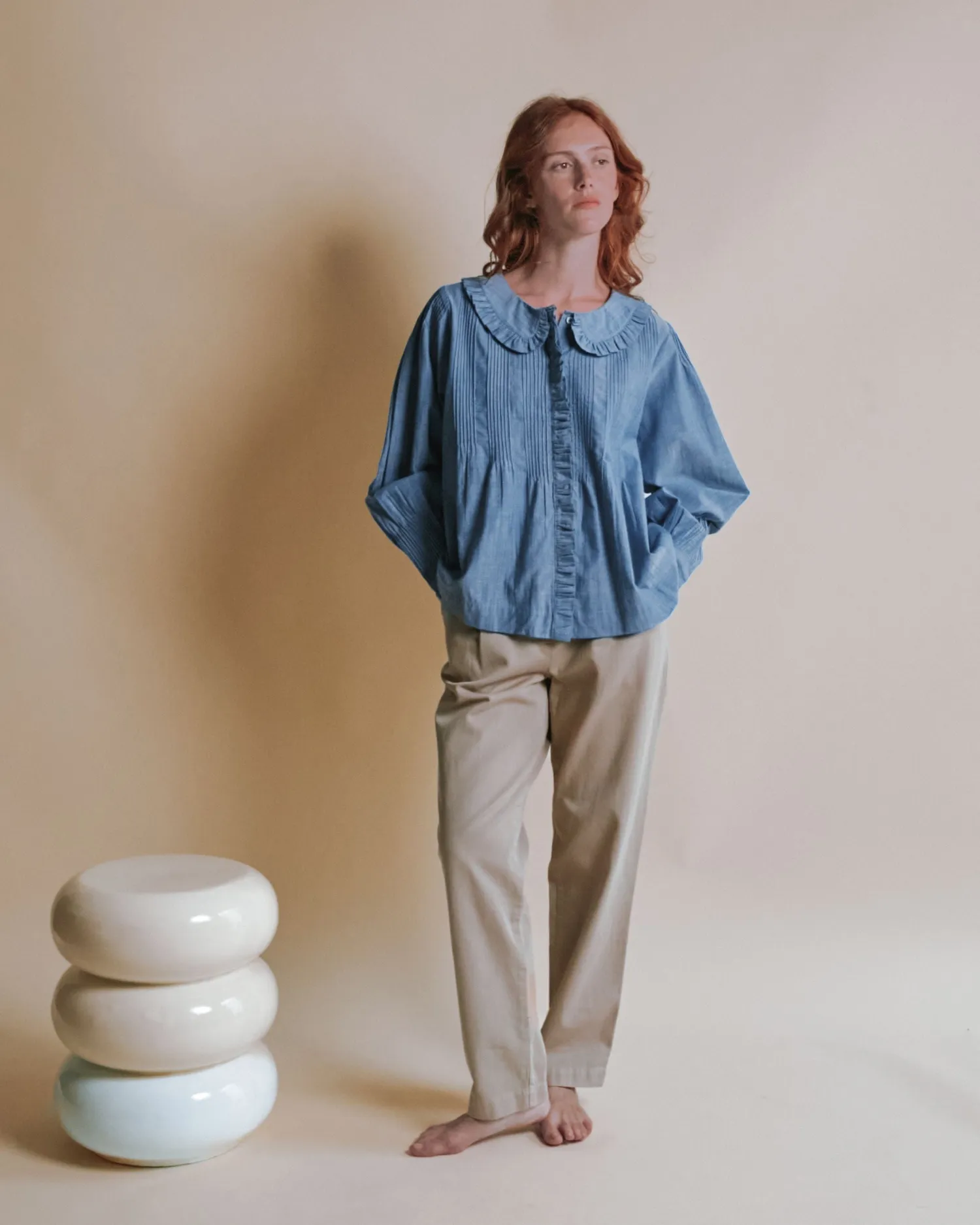 Emile et Ida Ella bluse chambray blå plisseret