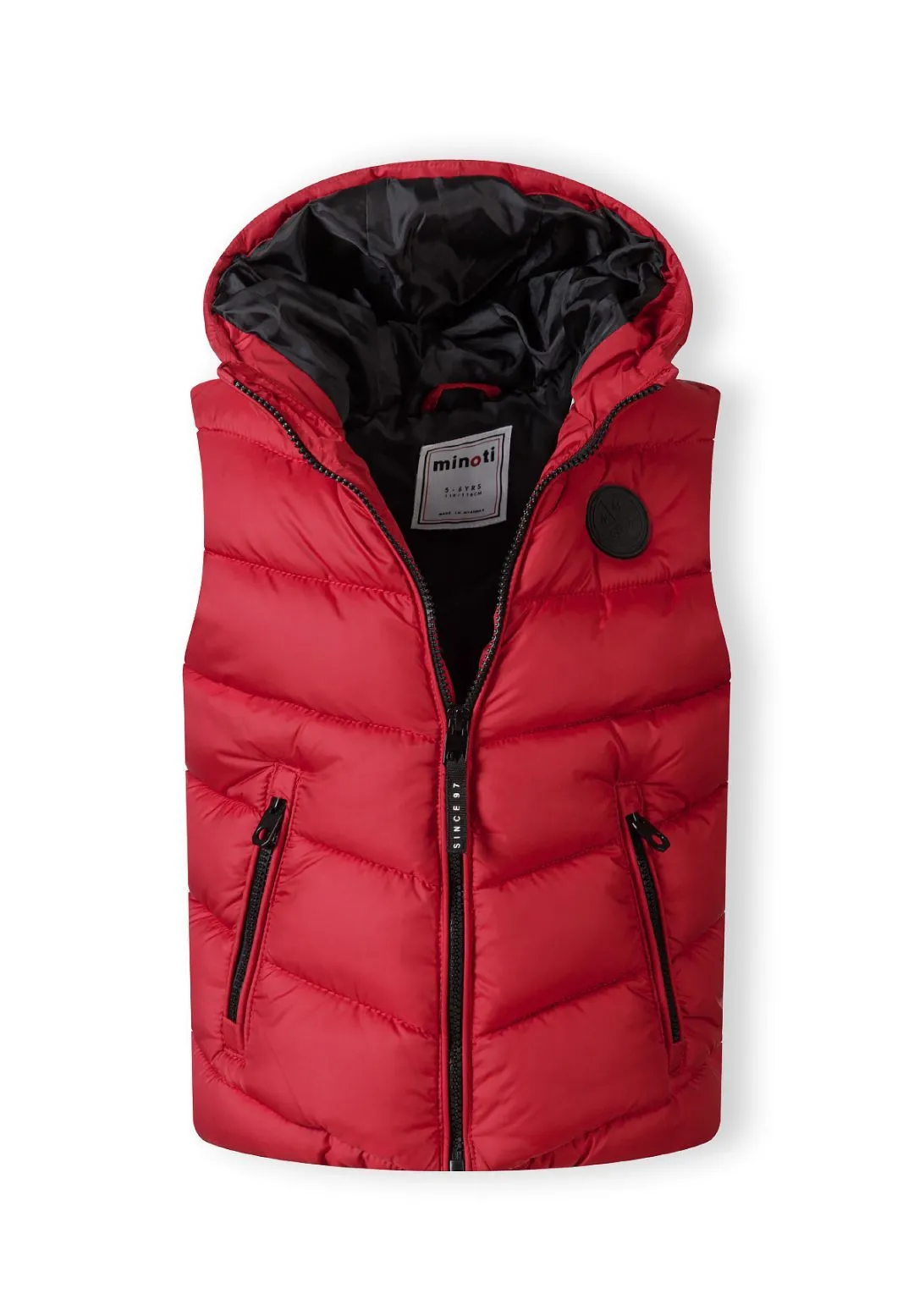 Minoti quiltet vest rød hætte str. 104-172