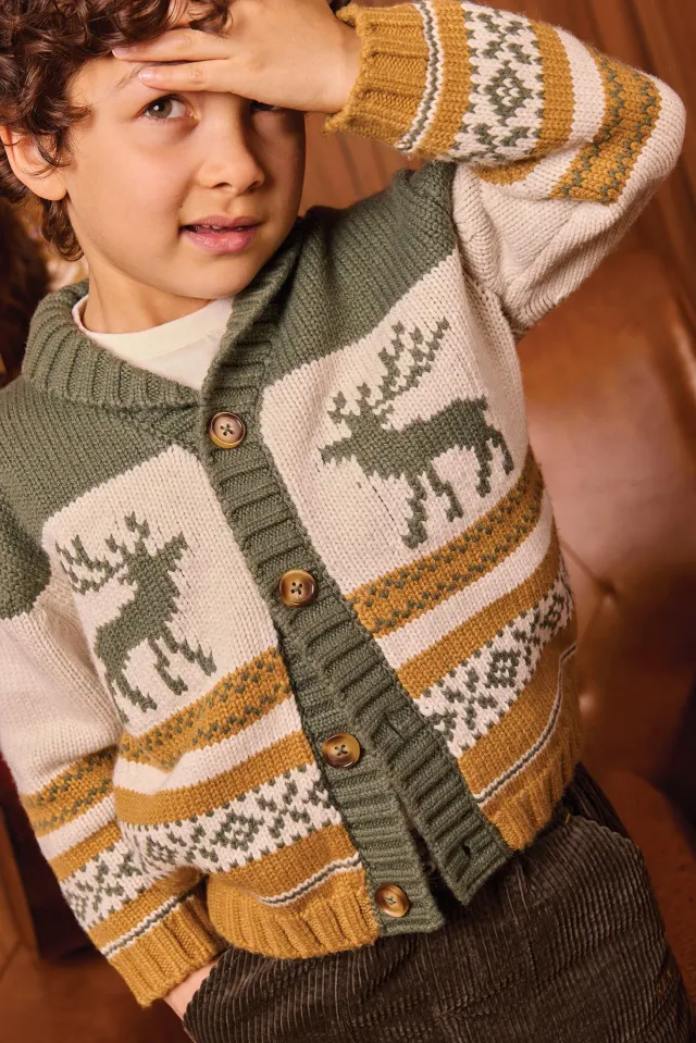 Bonton Polar cardigan kaki jacquard hjorte uld