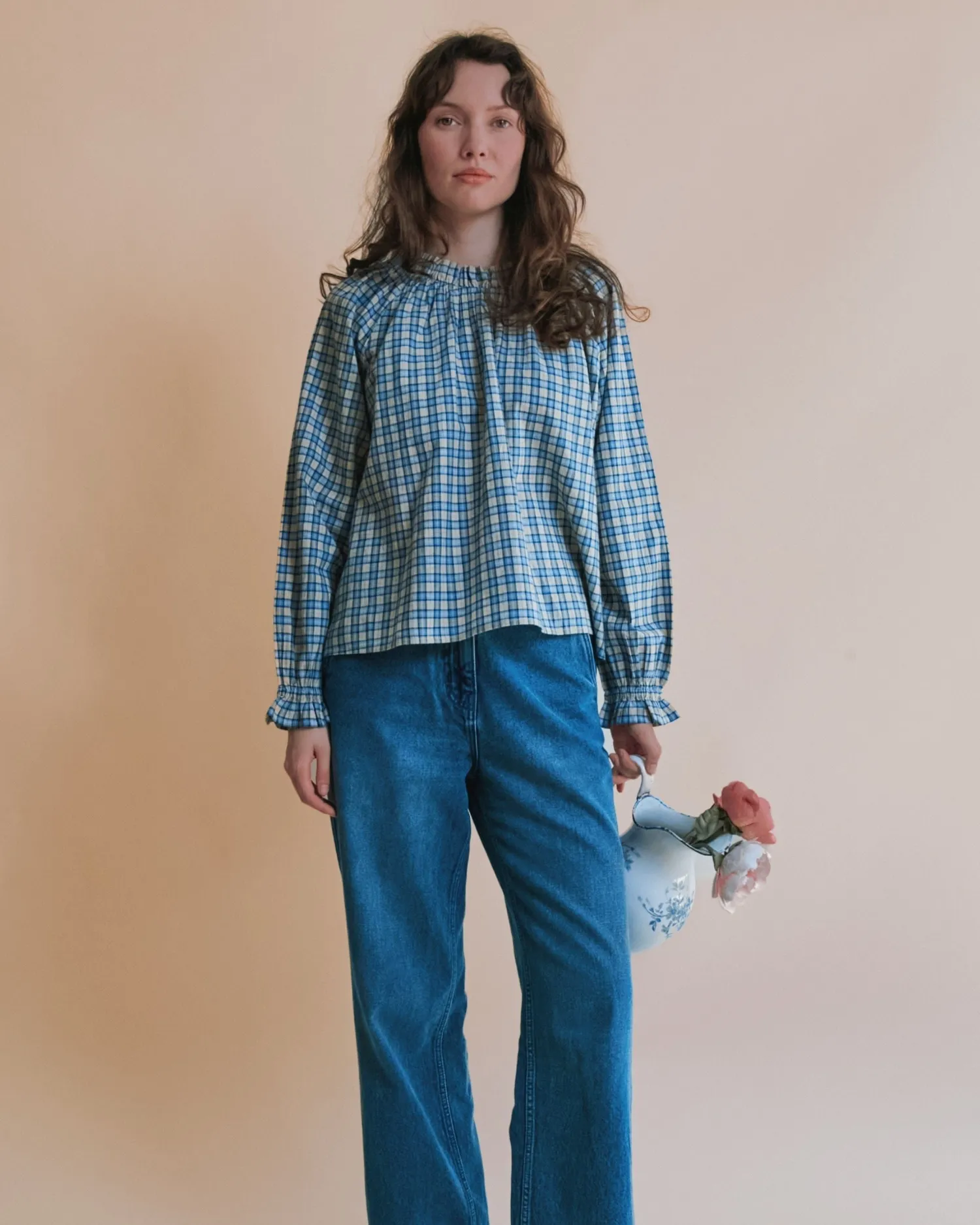 Emile et Ida Elvina bluse oversize blå ternet bomuld