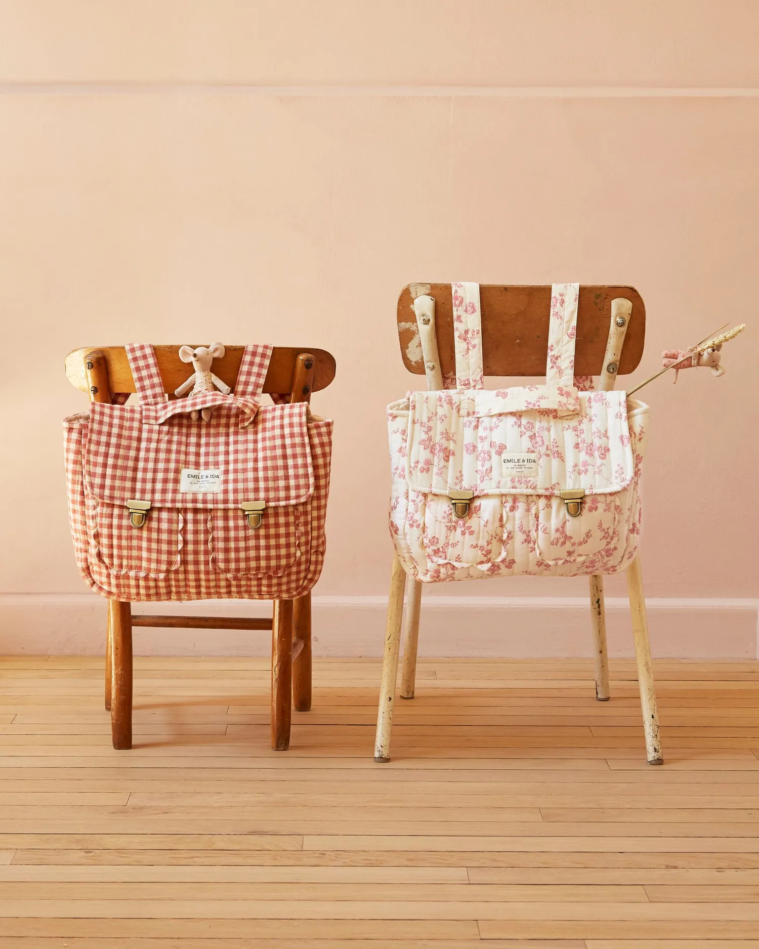 Emile et Ida Rosalie skoletaske ecru blomstret quiltet