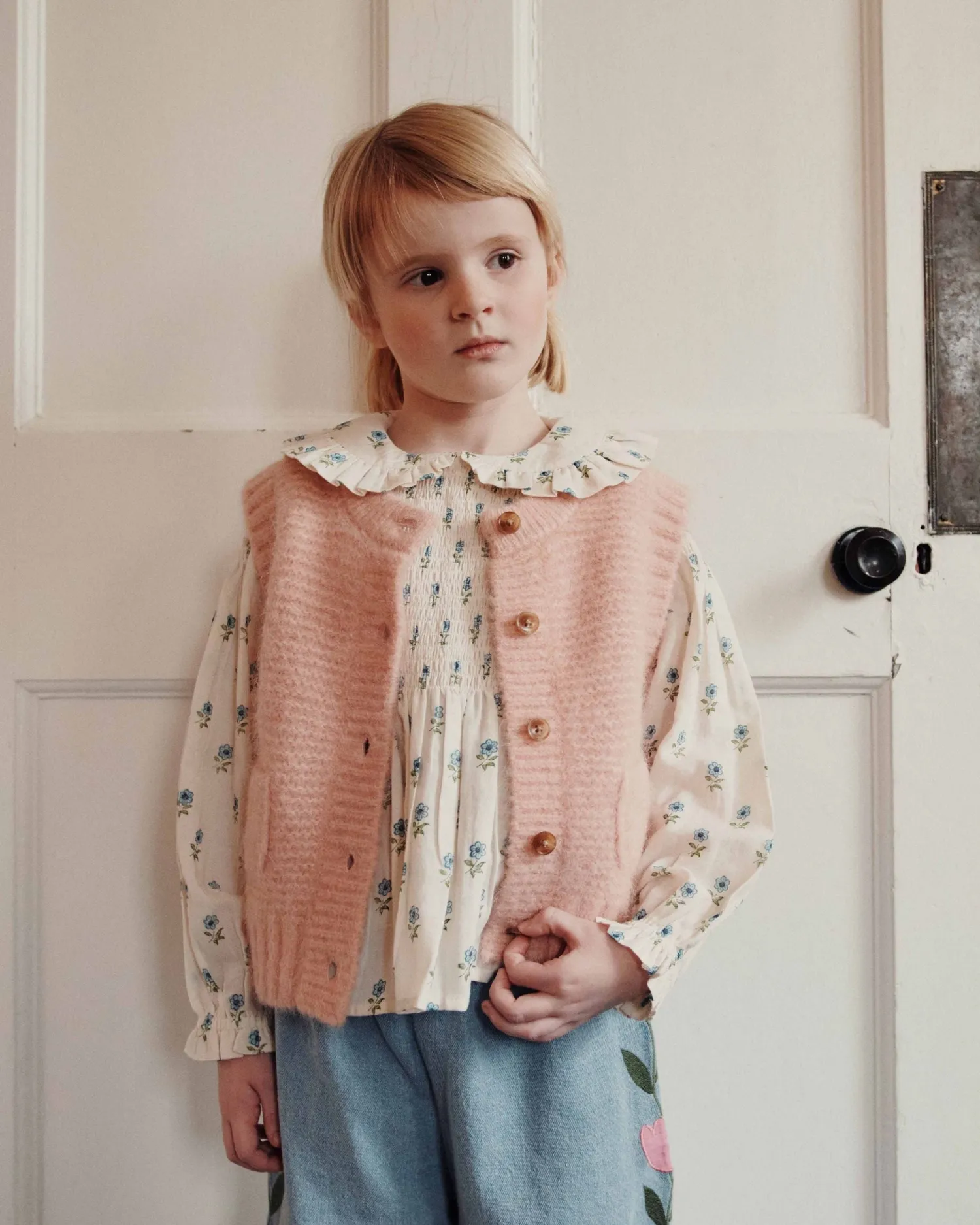 Emile et Ida Rose pâle cardigan vest lyserosa uld
