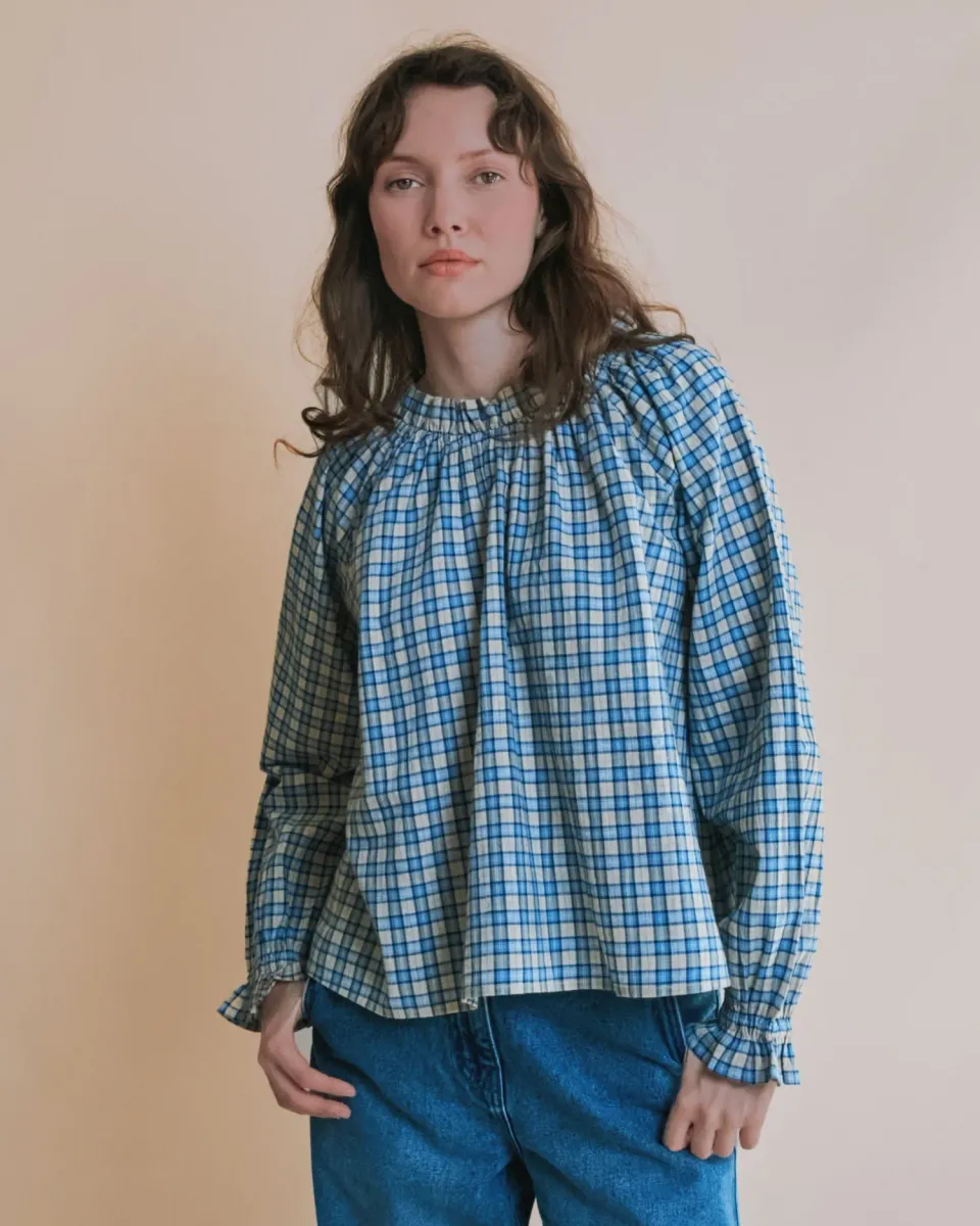 Emile et Ida Elvina bluse oversize blå ternet bomuld