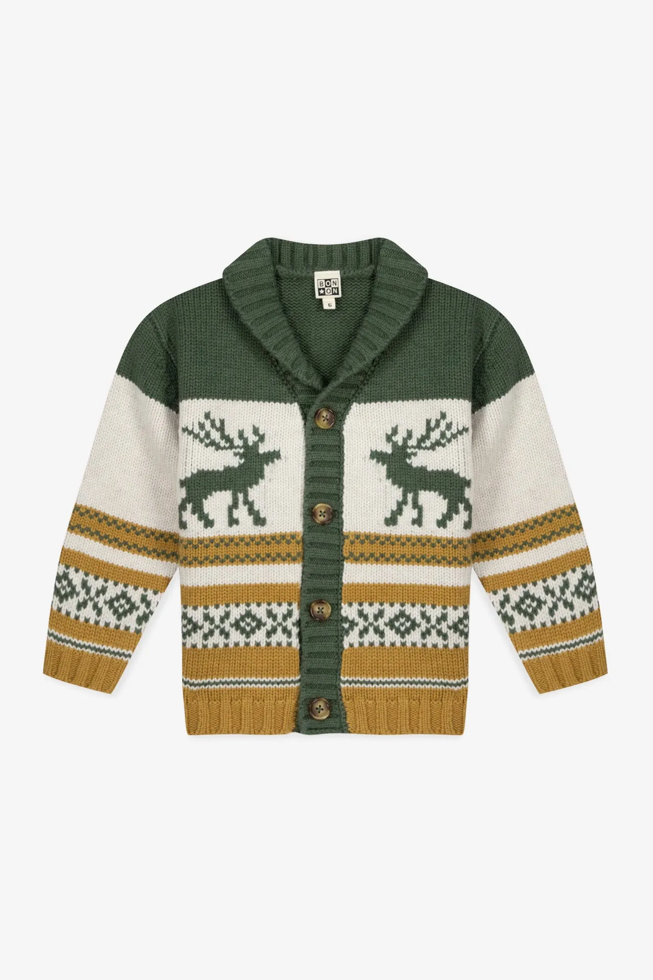 Bonton Polar cardigan kaki jacquard hjorte uld