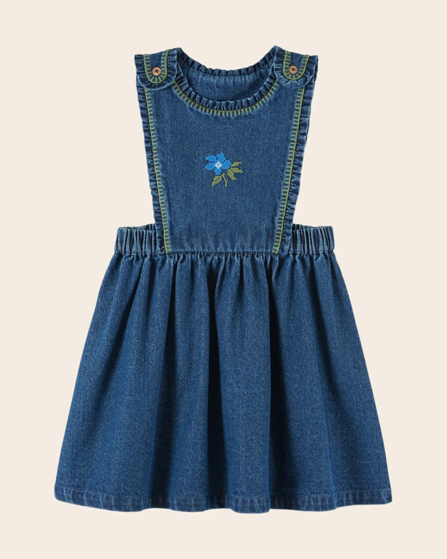 Emile et Ida smækkjole denim blå broderet blomst
