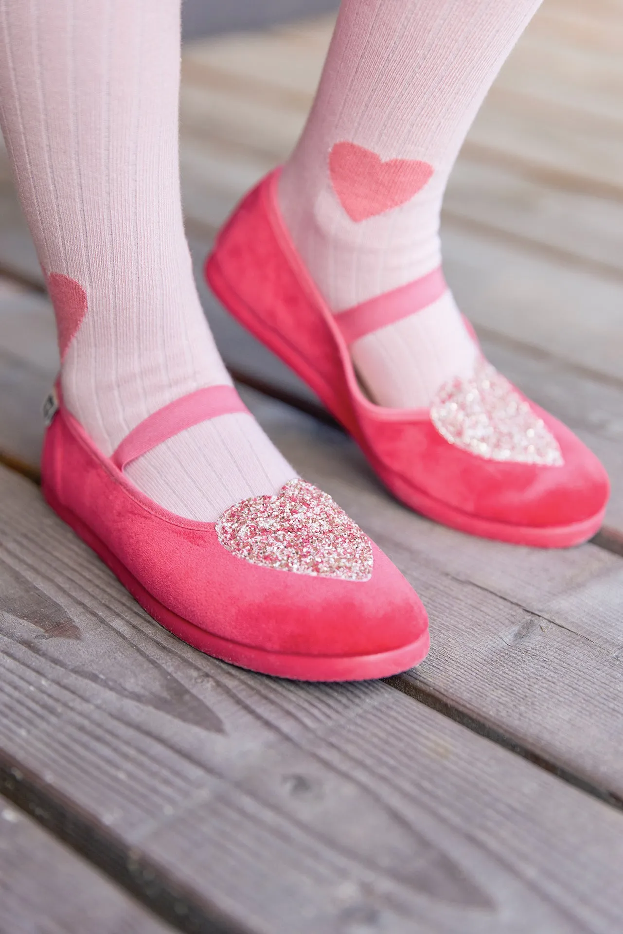 Bonton Sarra ballerina velour rosa glimmerhjerte