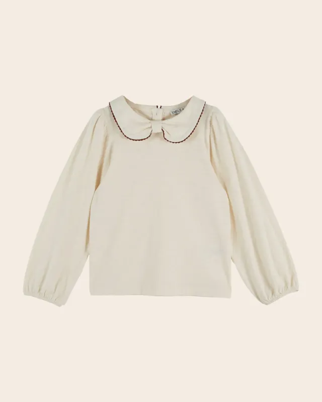 Emile et Ida piget-shirt ecru sløjfehals økologisk