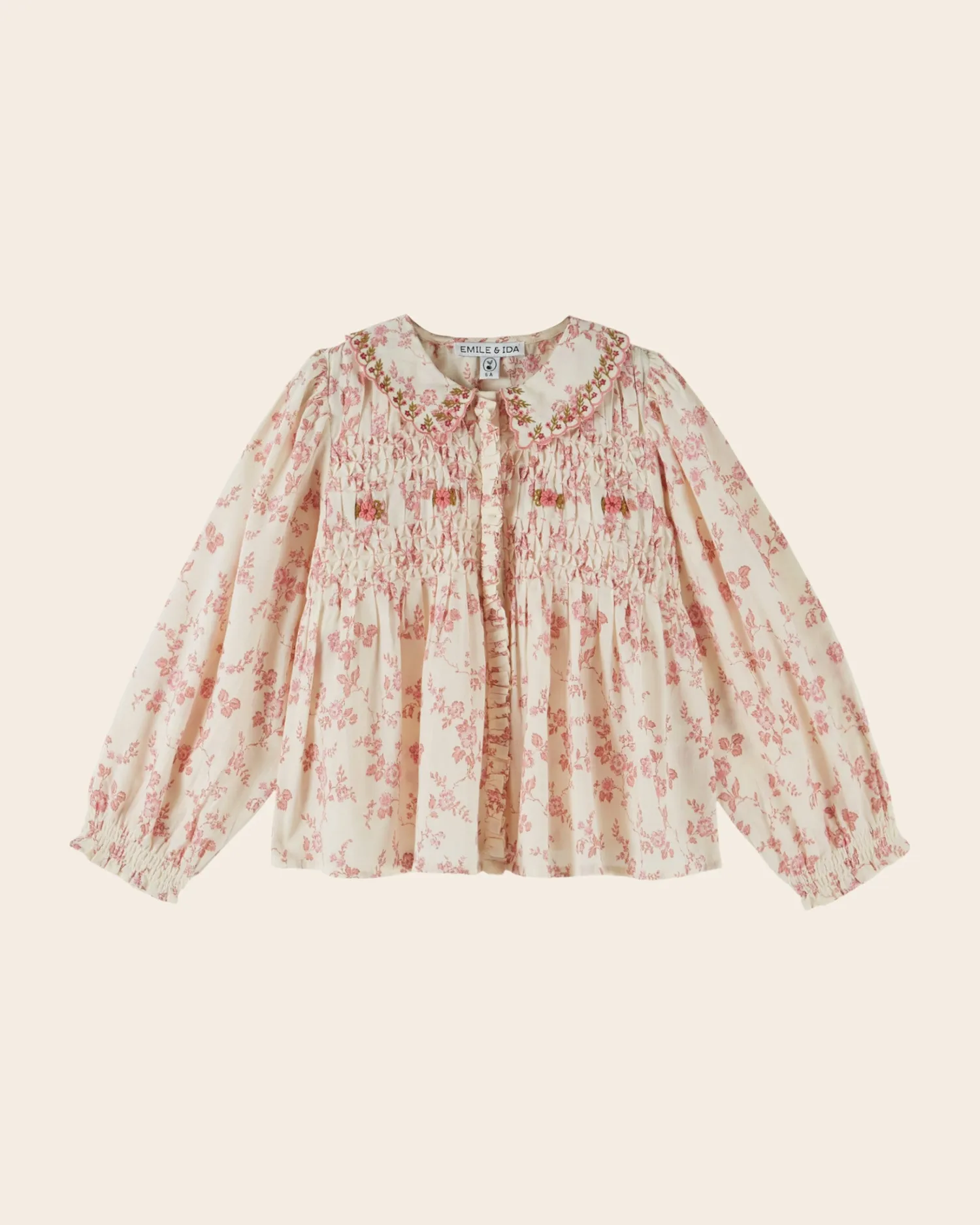 Emile et Ida Smockée bluse ecru rosa blomster pige