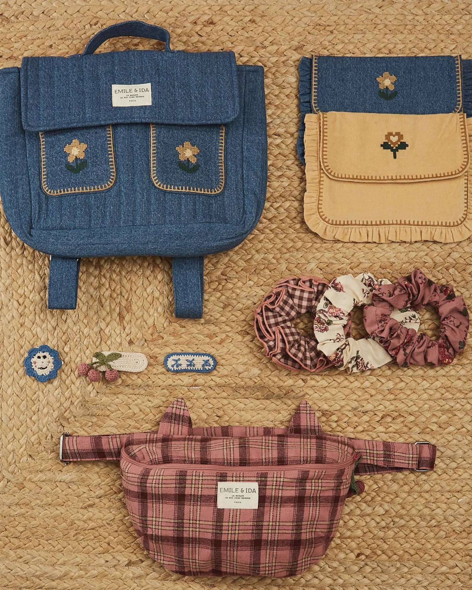Emile et Ida Cartable Matelassé brodé skoletaske denim
