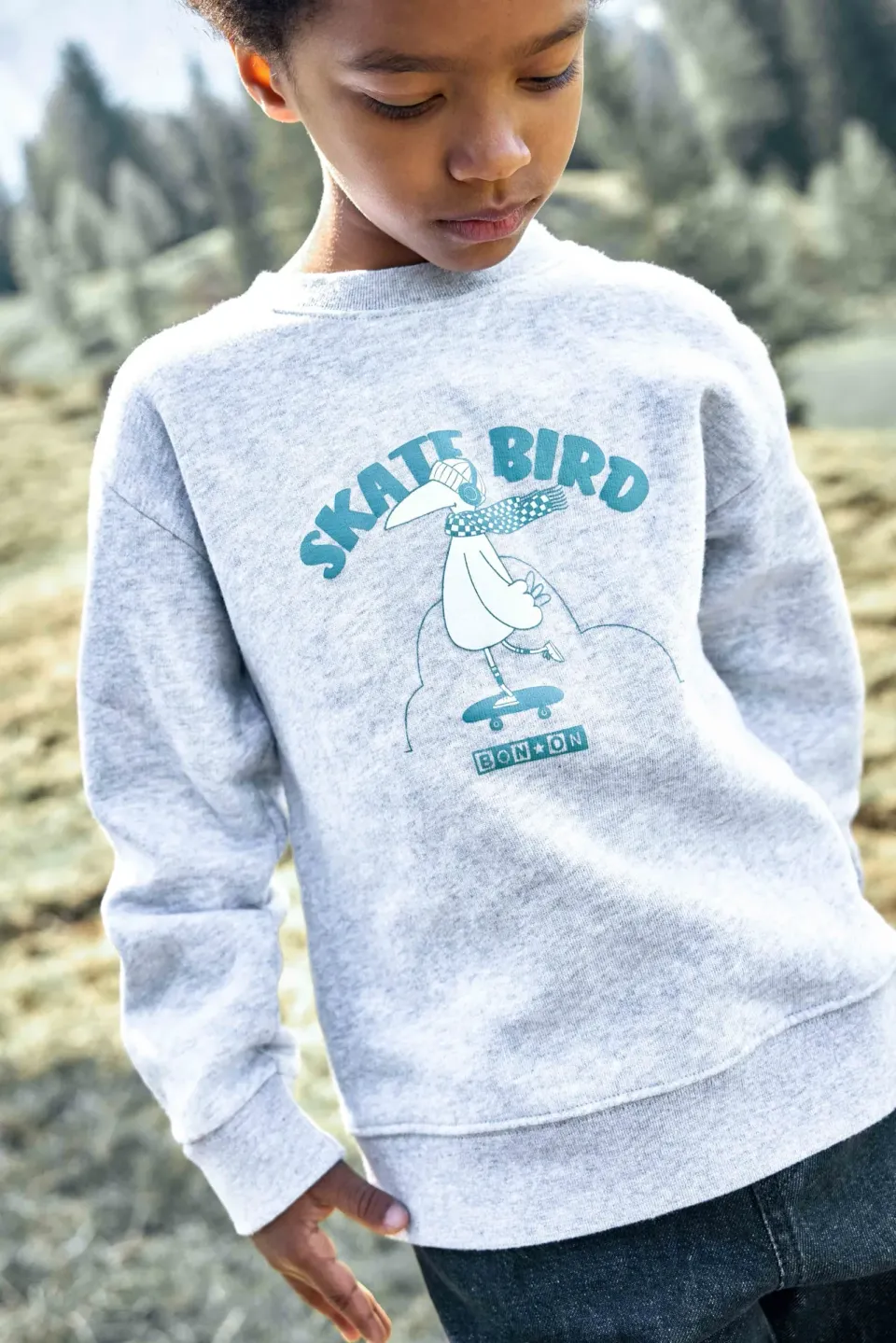 Bonton Smile Skatebird sweatshirt gris chine 2A bomuld