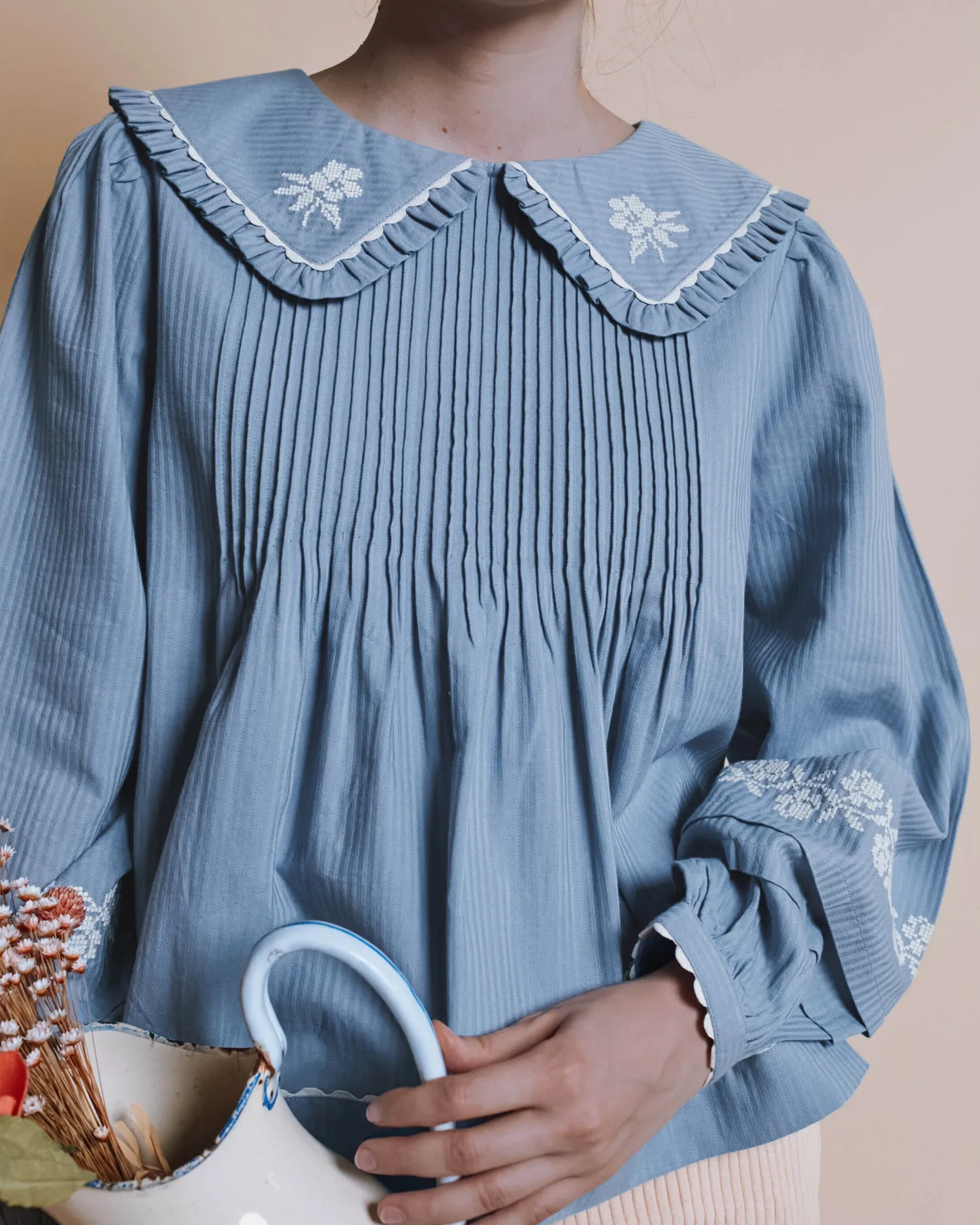 Emile et Ida Elena blouse blå broderet bomuld