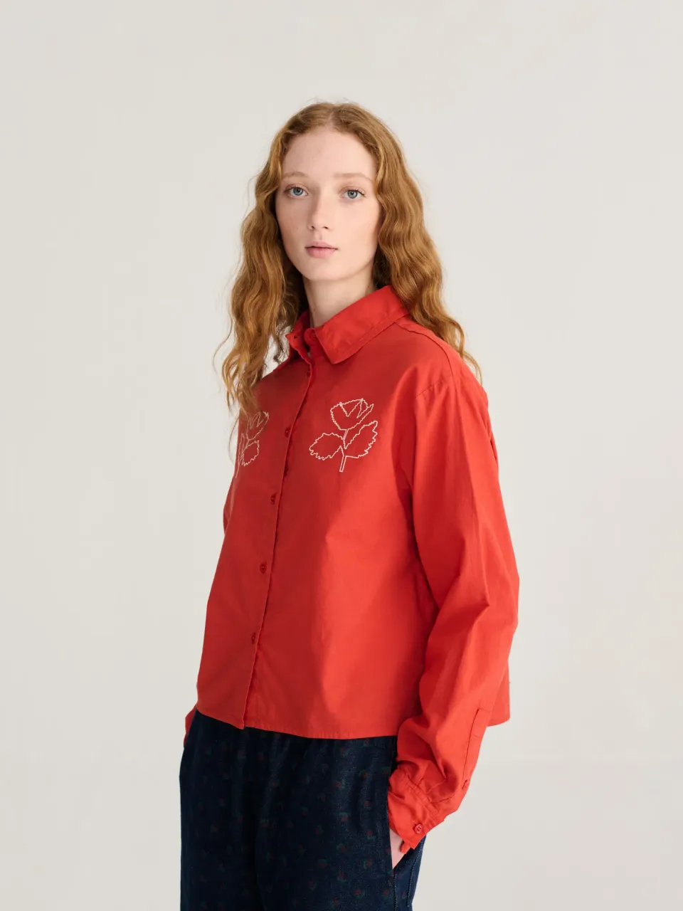 Bobo Choses Vibrant Flower Embroidery Poplin skjorte rød løs