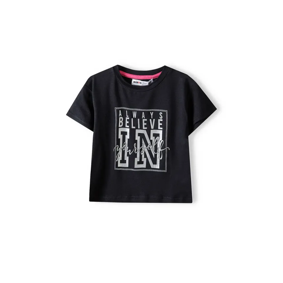 Minoti 38351 cropped t-shirt sort slogan viskose pige