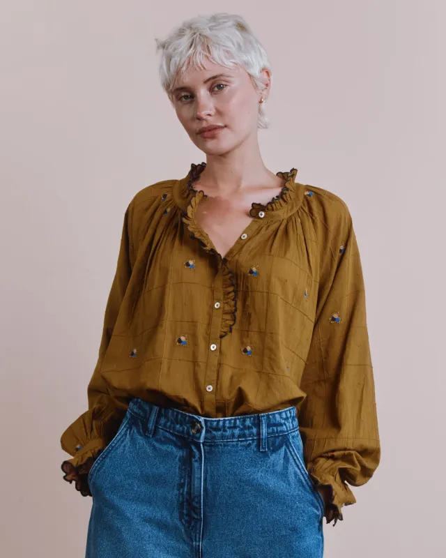 Emile et Ida ELYANA bluse oliven broderet bomuld