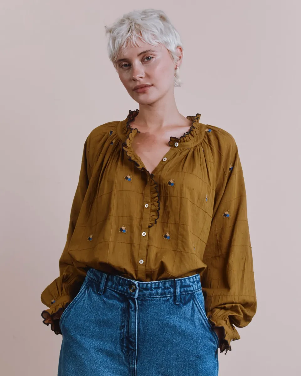 Emile et Ida ELYANA bluse oliven broderet bomuld