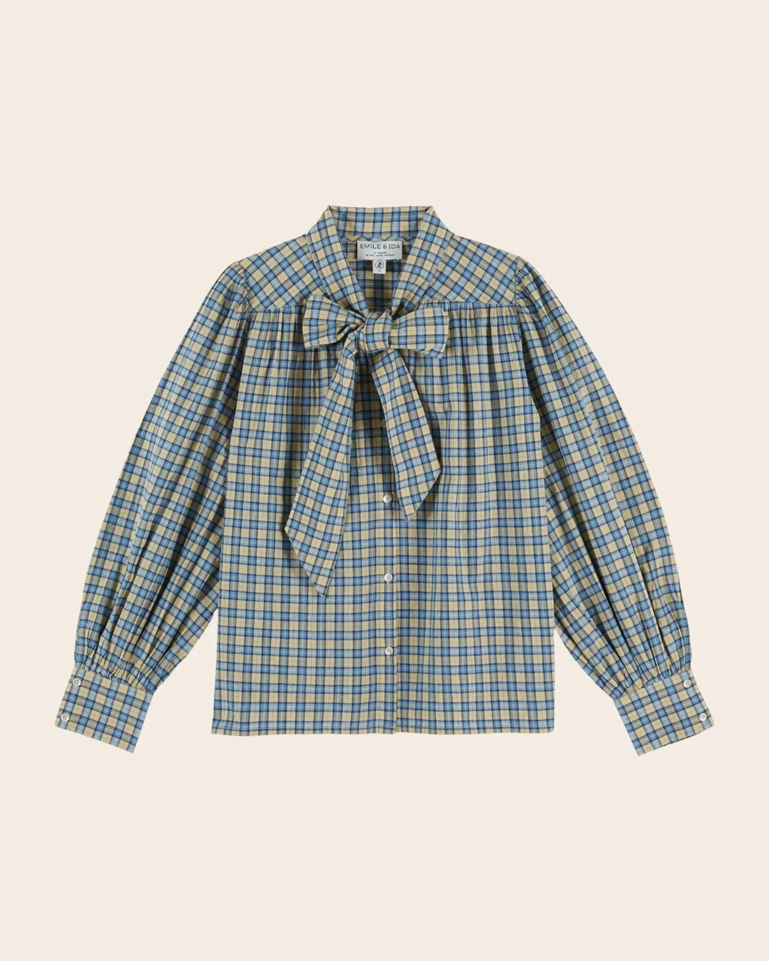 Emile et Ida Carreaux bleu et beige bluse beige ternet