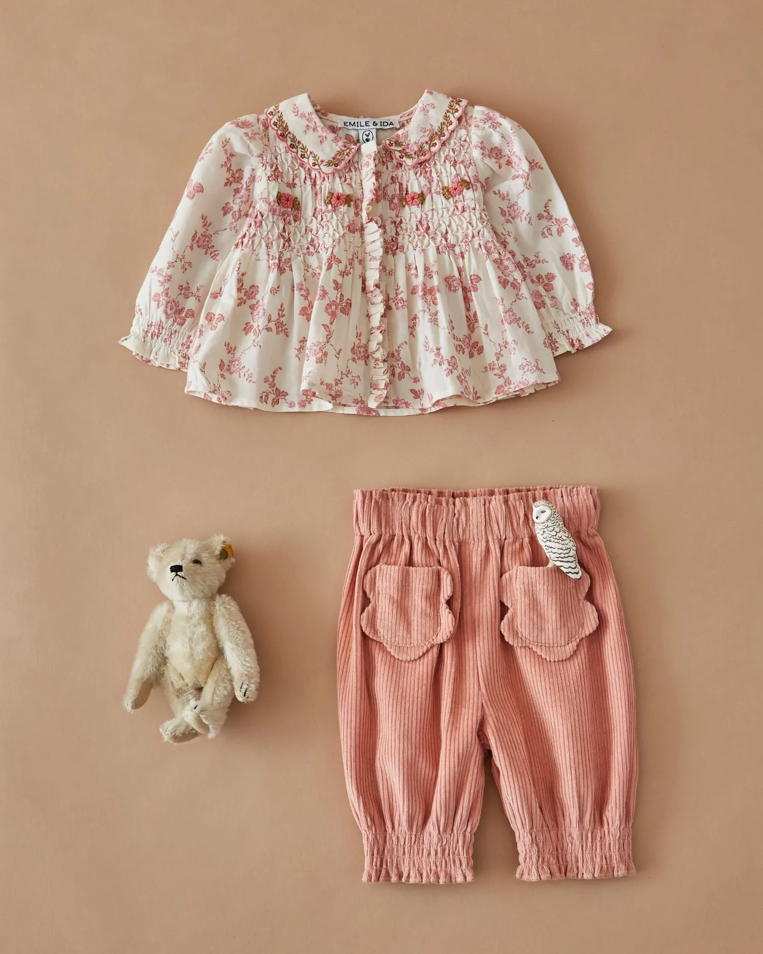 Emile et Ida Smockée bluse ecru rosa blomster pige